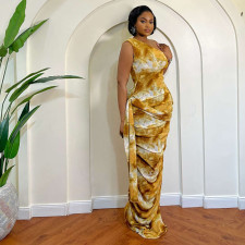 SC Sleeveless Ruched Slash Neck Print Maxi Dress GJYO-305013