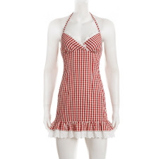 SC Lace Patchwork Plaid Print Sling Mini Dress GPKJ-MR47170