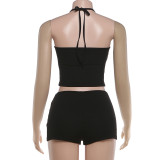 SC Solid Color Halterneck Top Two Piece Shorts Set XEF-K6S00739A