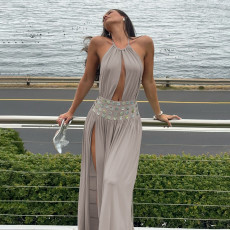 SC Deep V Neck Split Halterneck Maxi Dress XEF-K25D88241