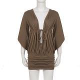SC V Neck Tie Up Ruched Mini Dress GPKJ-MR48178