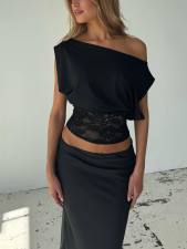SC Lace Patchwork Slash Shoulder Tops YWXS-K26L2058