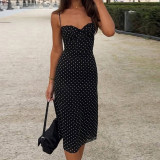 SC Polka Dots Print Lace Patchwork Sling Midi Dress GSLF-K6D01179A
