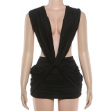 SC Deep V Neck Solid Color Ruched Mini Dress GYME-K25D91090