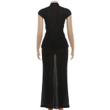 SC Solid Color Short Sleeve Slim Maxi Dress GYME-K25D85636