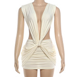 SC Deep V Neck Solid Color Ruched Mini Dress GYME-K25D91090