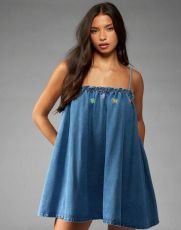 SC Floral-Embroidered Loose Denim Mini Dress GMYU-6706