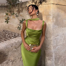SC Square Neck Solid Color Ruched Maxi Dress GYME-K25D90812