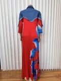 SC Denim Patchwork Ruched Long Sleeve Maxi Dress GMYU-10135