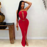 SC Solid Color Off Shoulder Split Maxi Dress YF-10994