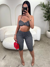 SC Polka Dots Print Wrap Chest Top Fifth Pants 2 Piece Set CH-26103