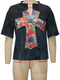 SC Vintage Cross-Print Rhinestone Top SH-391514