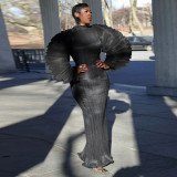 SC Lantern Sleeve Press Pleated Maxi Dress YF-10977