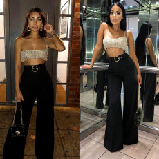 SC High-waisted Metal Ring belt Wide Leg Pants SH-391471