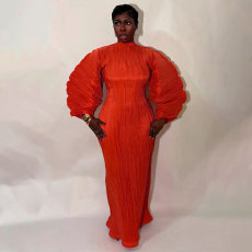 SC Lantern Sleeve Press Pleated Maxi Dress YF-10977