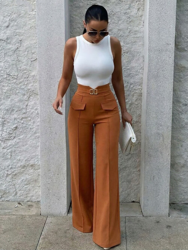 SC Metal Clasp Loose Straight Pants SH-391468