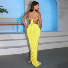SC Solid Color Off Shoulder Split Maxi Dress YF-10994