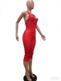 SC Polka Dots Print Halterneck Tie Up Seventh Jumpsuit TK-6350