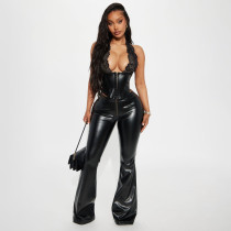 SC Lace Halterneck Backless Leahter Pants 2 Piece Set YNSF-8029