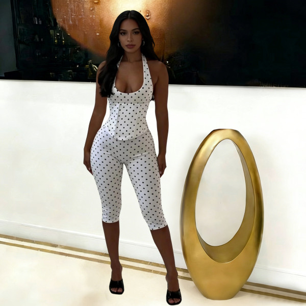 SC Polka Dots Print Halterneck Tie Up Seventh Jumpsuit TK-6350