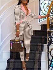SC Houndstooth Print Long Sleeve Blazer Two Piece Pants Set BMF-077