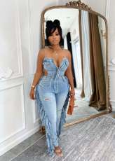 SC Fashion Denim Tassel Sling Jumpsuit NYF-8206