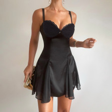 SC Satin Solid-Color Lace Patchwork Mini Dress GPKJ-MR47997
