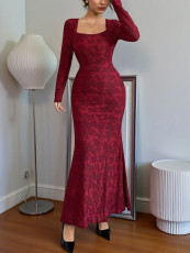 SC Long Sleeve Square Neck Lace Maxi Dress GZJF-ZJ10213
