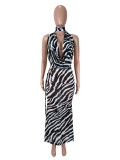 SC Zebra-print Sleeveless Halterneck Long Skirts Suit SHD-9965