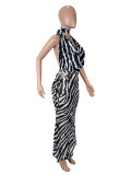 SC Zebra-print Sleeveless Halterneck Long Skirts Suit SHD-9965