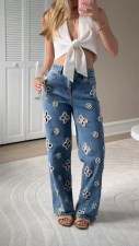 SC Embroidered Beaded Hollow Out Straight Jeans OD-8770