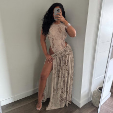SC Snake Print Sleeveless Bodysuit Split Long Skirt 2 Piece Set GSZM-J26ST091