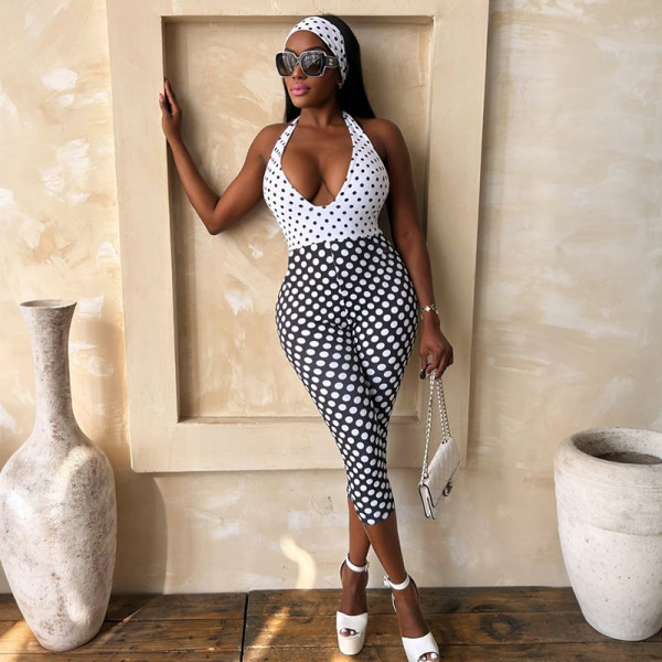 SC Polka Dot Print Halterneck Backless Seventh Jumpsuit MXBF-J26JP055