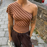 SC Stripe Print Slash Shoulder T Shirt GSBW-J26TP083