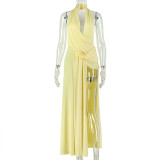 SC V Neck Solid Color Sexy Backless Maxi Dress GJYO-305093