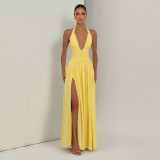 SC Solid Color Halterneck V Neck Split Maxi Dress GSZM-J26DS080