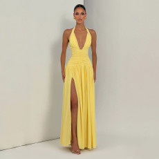 SC Solid Color Halterneck V Neck Split Maxi Dress GSZM-J26DS080