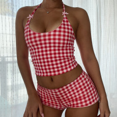 SC Plaid Print Halterneck Two Piece Shorts Set GPKJ-MR48112