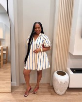 SC Striped Bubble Short-Sleeve Midi Dress OLYF-6197