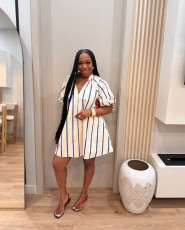 SC Striped Bubble Short-Sleeve Midi Dress OLYF-6197