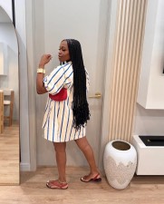 SC Striped Bubble Short-Sleeve Midi Dress OLYF-6197