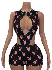 SC Print Hollow Out Bodysuit Two Piece Shorts Set CH-26107
