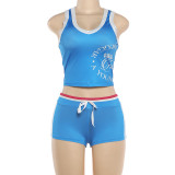 SC Letter Print Sleeveless Sport Two Piece Shorts Set XEF-K6S01045A