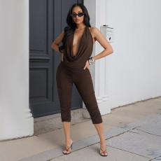 SC Backless Ruched Mesh Tops Seventh Pants Suit GDSF-C26ST071