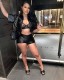 SC PU Leather Tight Short Sleeve Two PIece Shorts Set GXBQ-1545