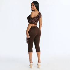 SC Polka Dot Print Off Shoulder Tops Seventh Pants Suit MXBF-J26ST063