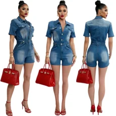 SC Short Sleeve Washed Lapel Denim Romper LA-6001