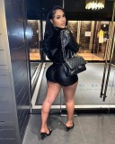 SC PU Leather Tight Short Sleeve Two PIece Shorts Set GXBQ-1545