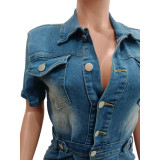 SC Short Sleeve Washed Lapel Denim Romper LA-6001