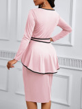 SC Plus Size Long Sleeve Tie Up Ruffles Midi Dress XHSY-19894